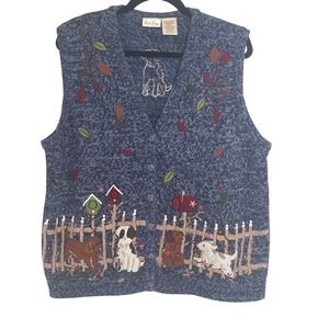 Bobbie Brooks Woman Blue Marled Dog Fence Embroidery Knit Vest 18W 20W